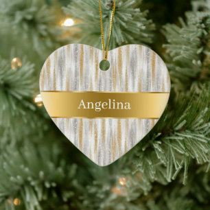 Silver Gold Glitter Sparkle Gold Ribbon Christmas Ceramic Ornament