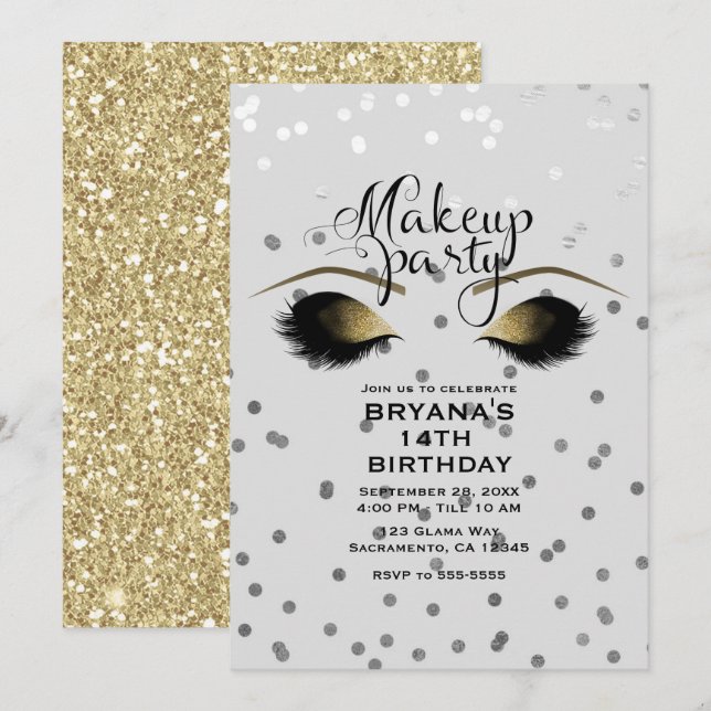 Silver & Gold Makeup Eyelashes Beauty Dots Party Invitation (Front/Back)