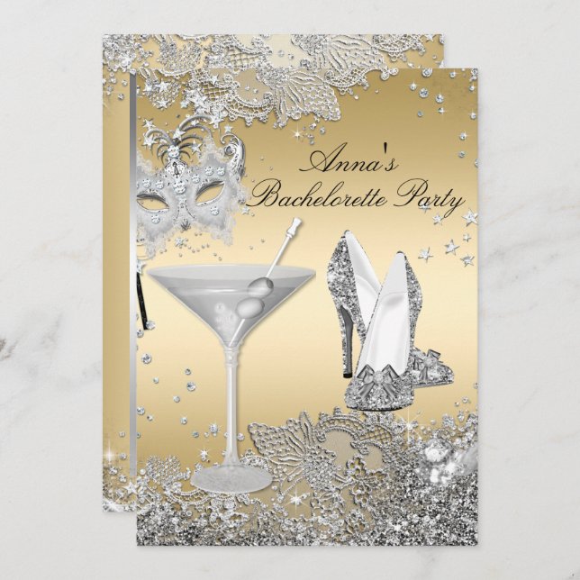Silver Gold Mask Jewel Lace Bachelorette Party Invitation (Front/Back)