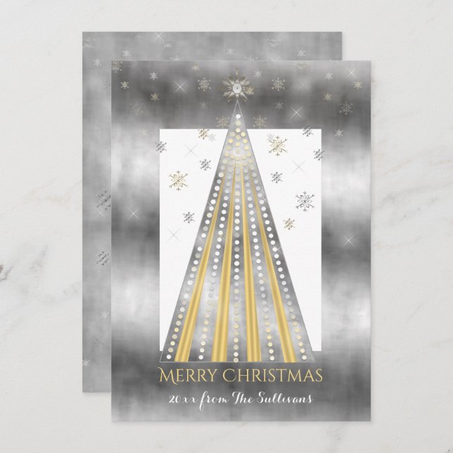 Silver | Gold Merry Christmas Tree | Snowflakes Holiday Card (Front/Back)