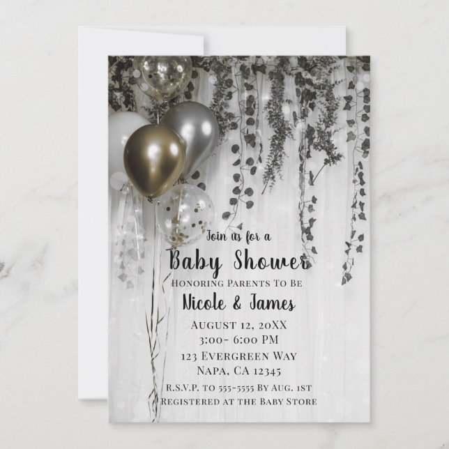 Silver Gold Metallic Balloons Ivy Baby Shower Invitation (Front)