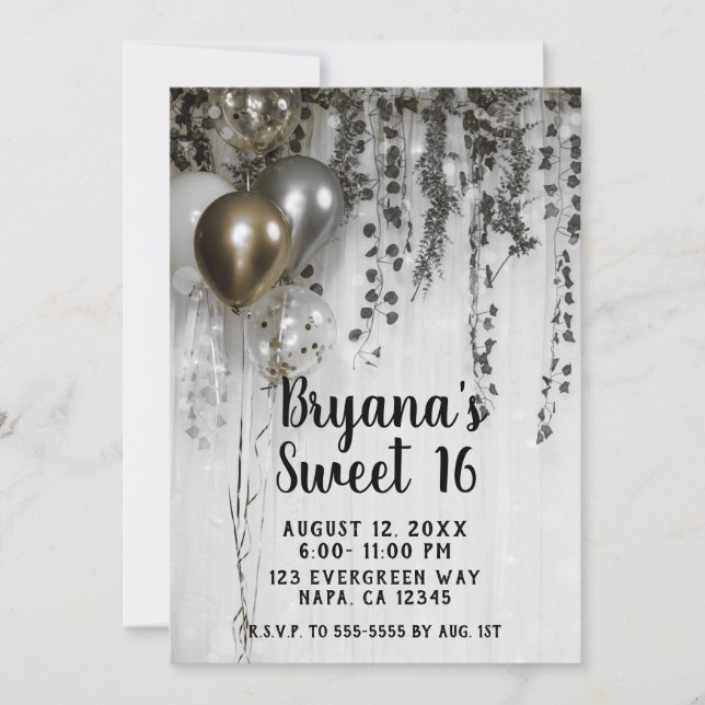 Silver Gold Metallic Party Balloons Ivy Sweet 16 Invitation (Front)