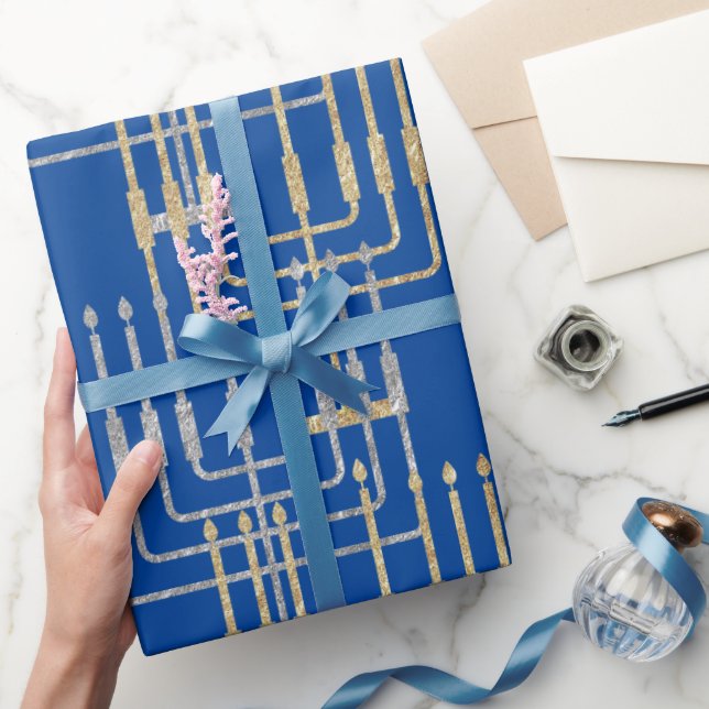 Silver & Gold Modern Square Menorahs Hanukkah Wrapping Paper (Gifting)