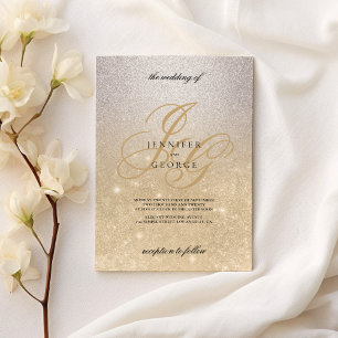Silver gold monogram initial ombre glitter wedding invitation