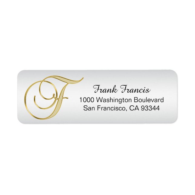 Silver Gold Monogram Letter 'F' Envelope Return Address Label (Front)