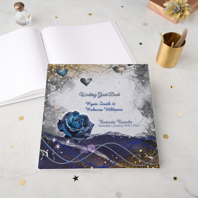 Silver Gold Navy Guest Book Wedding  (Front Open)