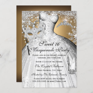 Silver Gold Princess Masquerade Sweet 16 Invite