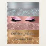 Silver Gold Rose Gold Glitter 2024 Beauty Salon Planner<br><div class="desc">Modern, glam, lashes makeup artist faux silver, gold and rose gold colour glitter stripes beauty salon 2024 planner. This design features faux sparkle glitter stripes and brushed metal in silver, gold, and blush pink rose gold colour glitter, eyelashes, name and second text template. The name is written with a beautiful...</div>