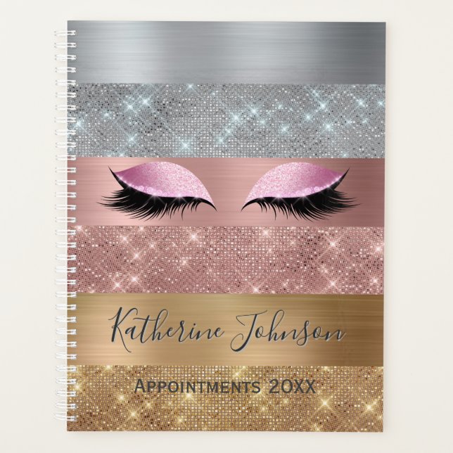 Silver Gold Rose Gold Glitter 2024 Beauty Salon Planner (Front)