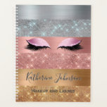 Silver Gold Rose Gold Glitter Stripes Beauty Salon Planner<br><div class="desc">Modern, glam, lashes makeup artist faux silver, gold and rose gold colour glitter stripes beauty salon 2024 or any year planner. This design features faux sparkle glitter stripes and brushed metal in silver, gold, and blush pink rose gold colour glitter, eyelashes, name and second text template. The name is written...</div>