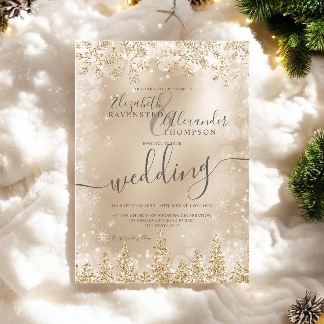 Silver gold snow pine Christmas winter wedding Invitation (Silver gold snow pine Christmas winter wedding Invitation)