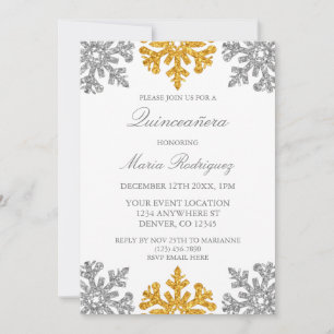 Silver Gold Snowflake Winter Quinceanera Invitation