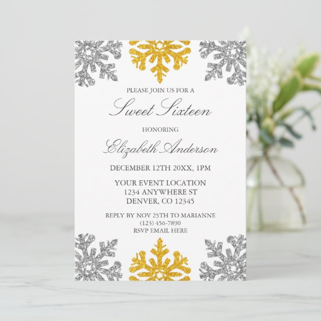 Silver Gold Snowflake Winter Sweet 16 Invitation (Standing Front)