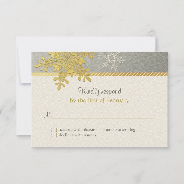 Silver Gold Snowflake Winter Wedding Reply Card (Front)