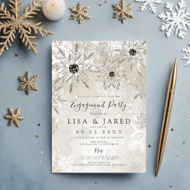 Silver Gold Snowflakes Winter Engagement Party  Invitation (Silver Gold Snowflakes Winter Engagement Party Invitation)