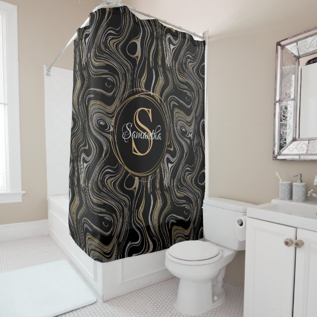 Silver Gold Sparkle Foil Marble Monogram Name Shower Curtain (In Situ)
