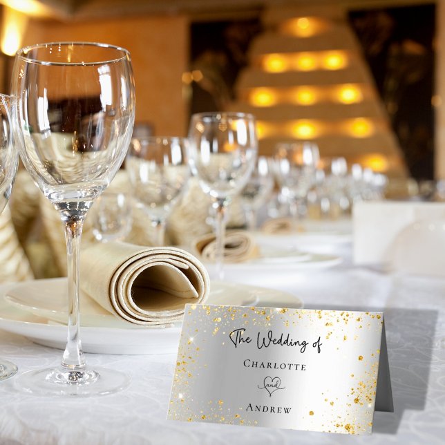 Silver gold sparkles names wedding place card (Creator Uploaded)