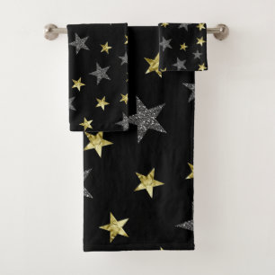 Silver & Gold Stars Black Hollywood Star Glam Bath Towel Set