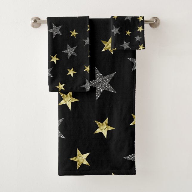 Silver & Gold Stars Black Hollywood Star Glam Bath Towel Set (Insitu)