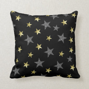 Silver & Gold Stars Black Hollywood Star Glam Cushion