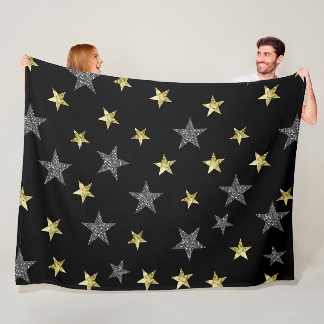 Silver & Gold Stars Black Hollywood Star Glam Fleece Blanket (In Situ)