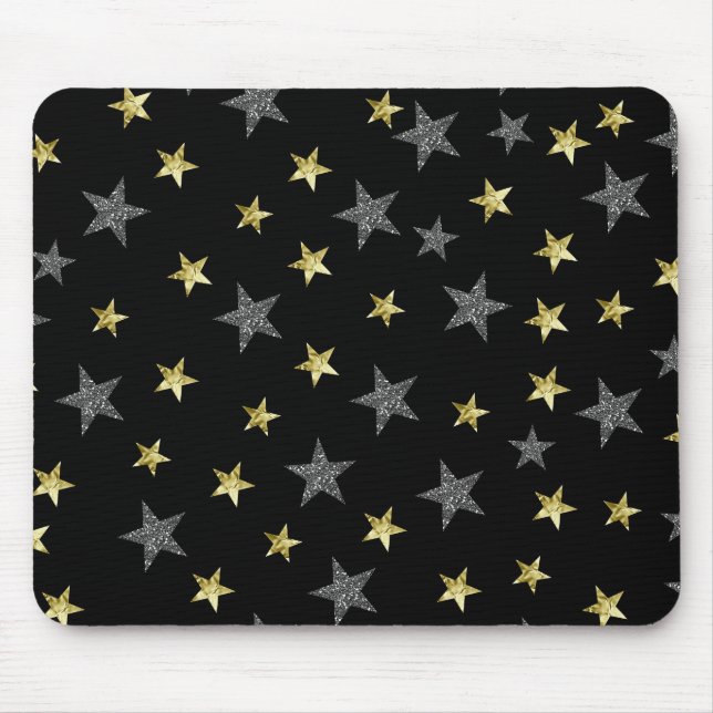Silver & Gold Stars Black Hollywood Star Glam Mouse Pad (Front)