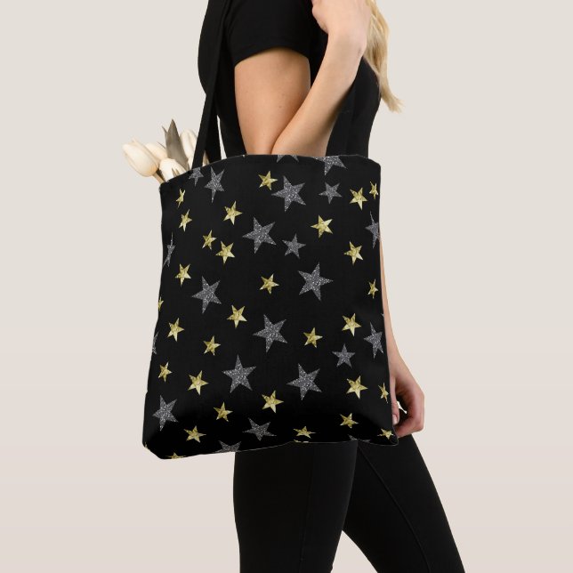 Silver & Gold Stars Black Hollywood Star Glam Tote Bag (Close Up)