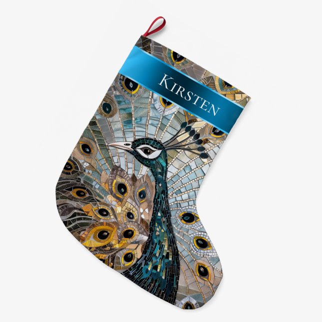 Silver Gold Teal Blue Peacock Christmas Name Large Christmas Stocking (Front (Hanging))