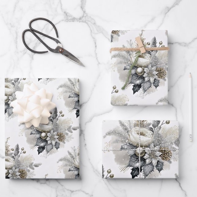Silver & Gold Tone Christmas Florals Wrapping Paper Sheet (Front)