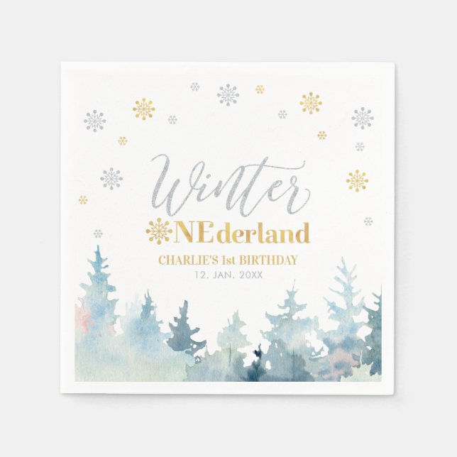 Silver & Gold Winter Onederland 1st Birthday Party Napkin (Front)