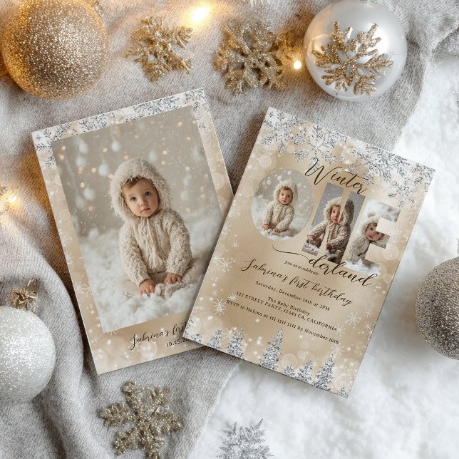 Silver Gold Winter ONEderland Photo First Birthday Invitation (Silver Gold Winter ONEderland Photo First Birthday Invitation)