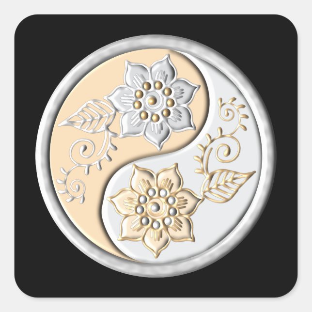 Silver & Gold Yin Yang Square Sticker (Front)