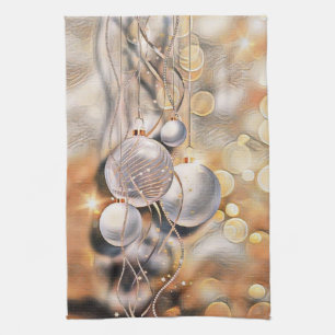 Silver golden Christmas ornaments watercolor Tea Towel