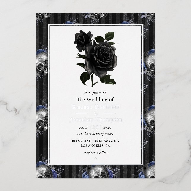 Silver Gothic Floral Wedding Foil Invitation (Front)