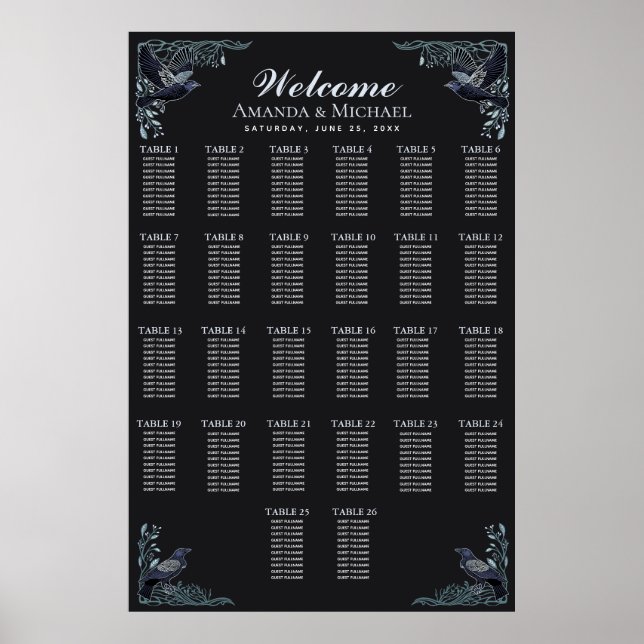 Silver Gothic Raven Wedding Seating Chart (Front)
