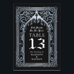Silver Gothic Vampire Cathedral Wedding Table Number<br><div class="desc">Set the scene for eternal romance. This gothic table number card features an elegant and gothic design. The perfect touch for your hauntingly beautiful wedding tablescape! Personalise the text, font, and background colour to suit your design preferences. Matching Items in our shop for a complete party theme. ATTENTION: Items are...</div>