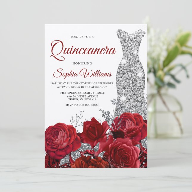 Silver Gown Red Roses Shimmer Quinceanera Party Invitation (Standing Front)