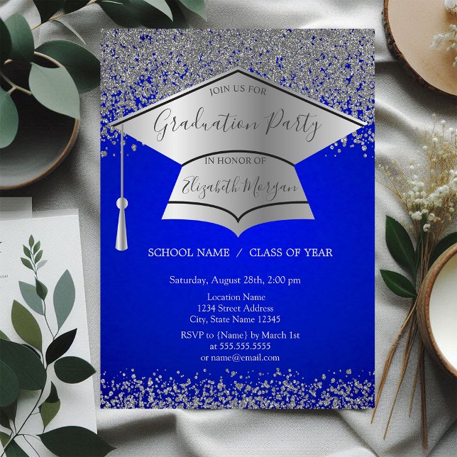 Silver Grad Cap,Diamonds Blue Graduation Party Invitation (Creator Uploaded)