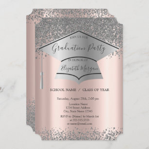 Silver Grad Cap,Diamonds Rose Gold Graduation Invitation