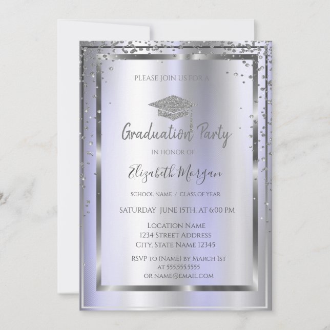 Silver Grad Cap Diamonds Violet  Invitation (Front)