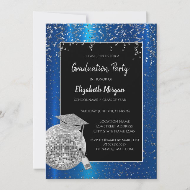 Silver Grad Cap,Disco Ball Confetti, Wine Blue Invitation (Front)