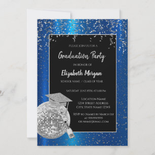 Silver Grad Cap,Disco Ball Confetti, Wine Blue Invitation