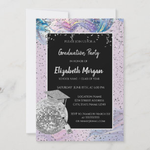 Silver Grad Cap,Disco Ball,Wine Violet Abstract Invitation