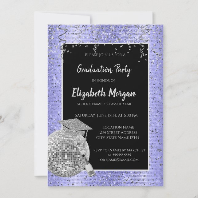 Silver Grad Cap,Disco Ball,Wine Violet Sequins Invitation (Front)