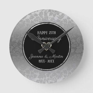 Silver Gradient Damask Pattern Anniversary   Round Clock