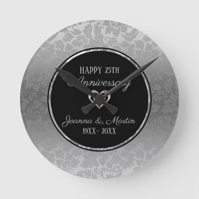 Silver Gradient Damask Pattern Anniversary   Round Clock (Front)