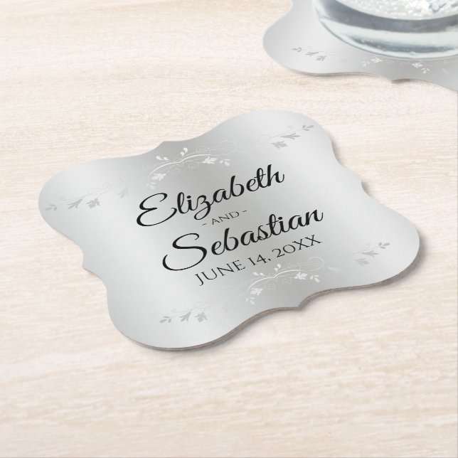 Silver Gradient Elegant Vintage Flourish Wedding Paper Coaster (Angled)