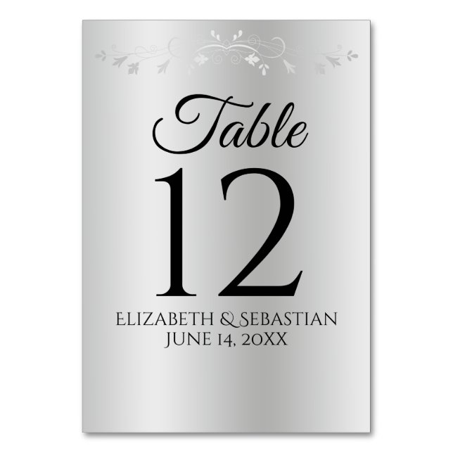 Silver Gradient Elegant Vintage Flourish Wedding Table Number (Front)
