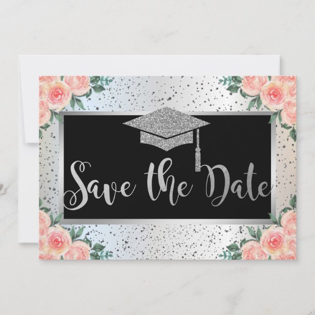 Silver Graduation Cap,Confetti Floral Save The Date (Front)