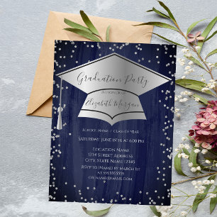 Silver Graduation Cap,Diamonds Blue Graduation Invitation